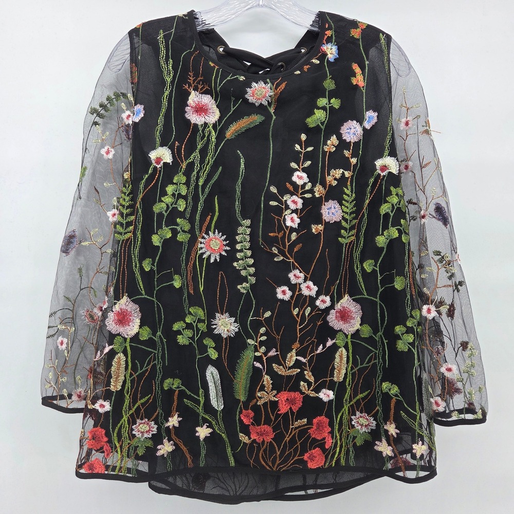 entro Black Sheer Floral Embroidered Blouse